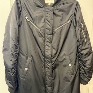 Lucky Brand Black Long Bomber Jacket with Zipper Accents